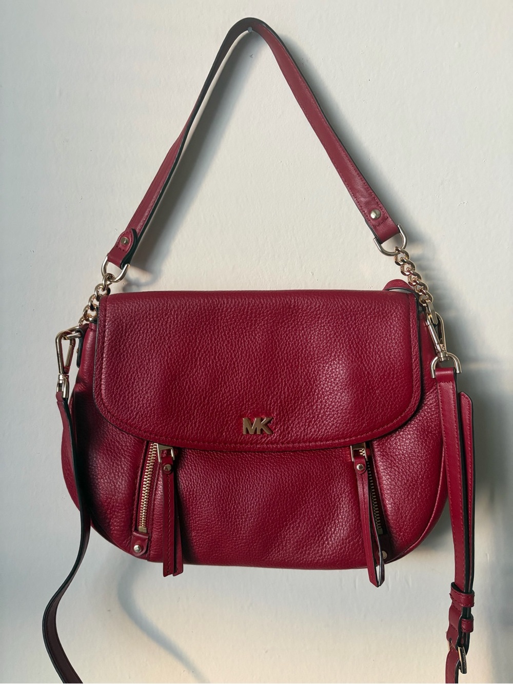 Michael Kors Burgundy Pebbled Leather Shoulder Bag with Gold Hardware
